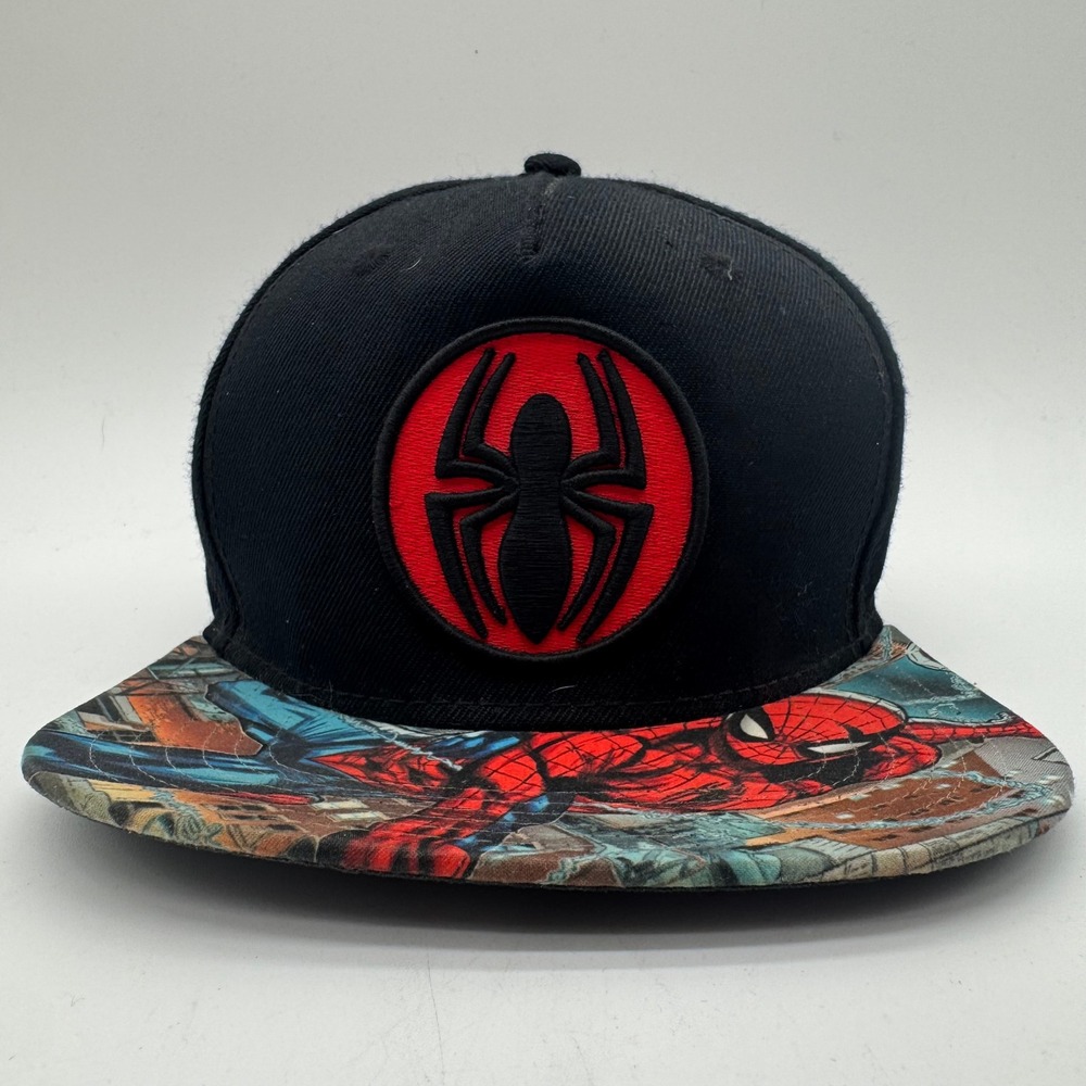 Marvel Spider-Man Black Snapback Hat Comic Print Flat Bill One Size Fits Most